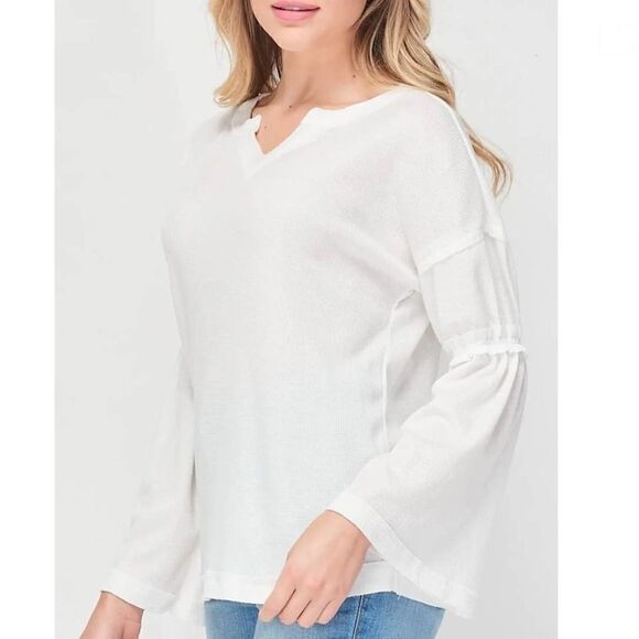 BAEA V-Neck Flare Sleeve Waffle Knit T-shirt In White Size Large - Picture 2 of 10